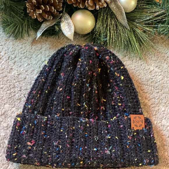 CozybySP HANDMADE Black Beanie Colorful Flecks, Crocheted Adjustable Slouchy Hat - Picture 2 of 4